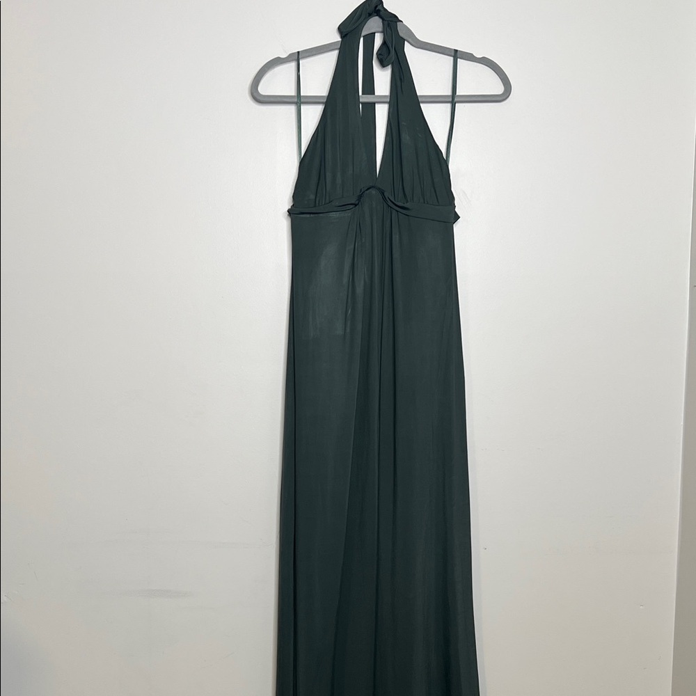 Elegant Dark Green Halter Maxi Dress triangle tie neckline top dress with empire